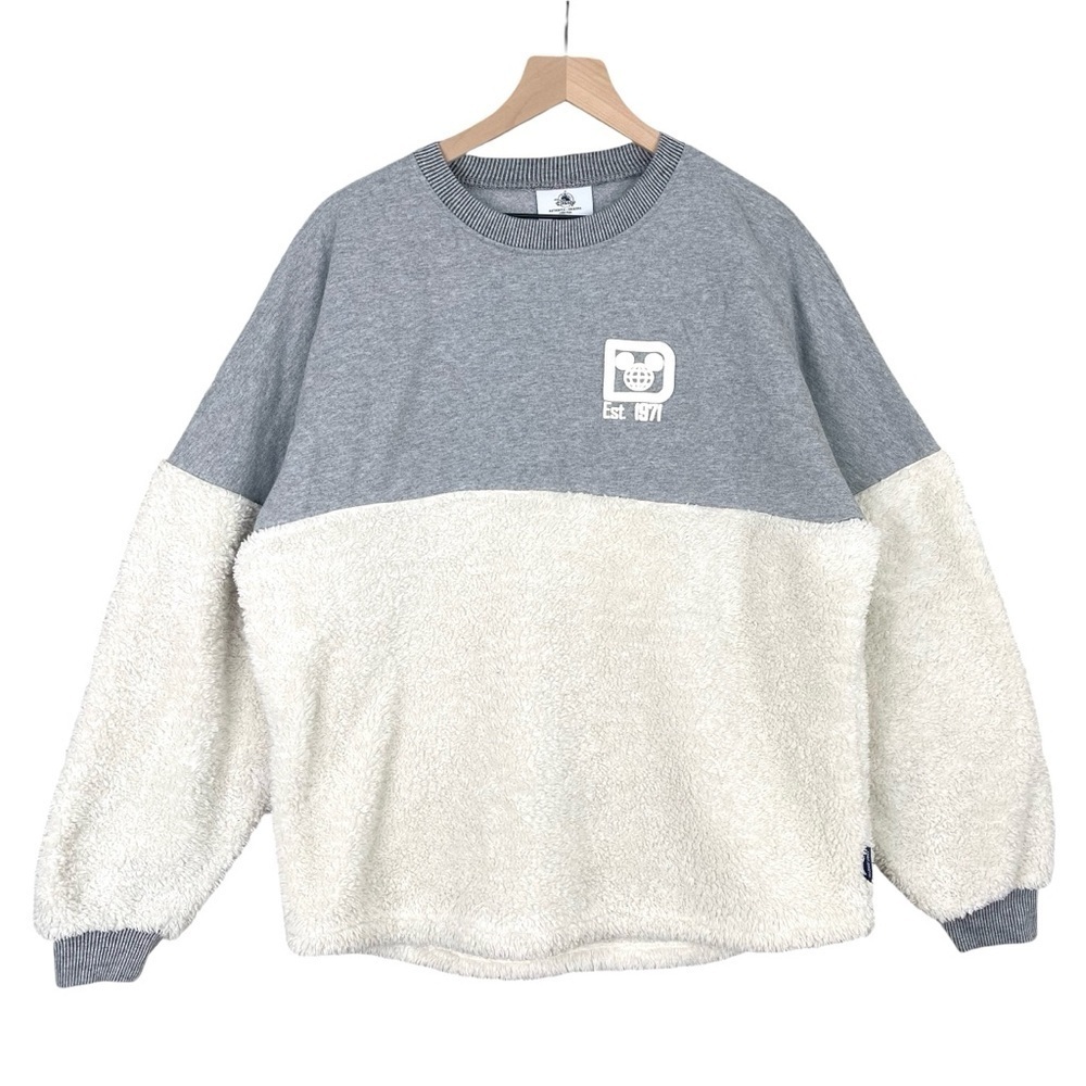 Disney World Spirit Jersey Large Gray Sherpa Colorblock Pullover Cozy Sweater
